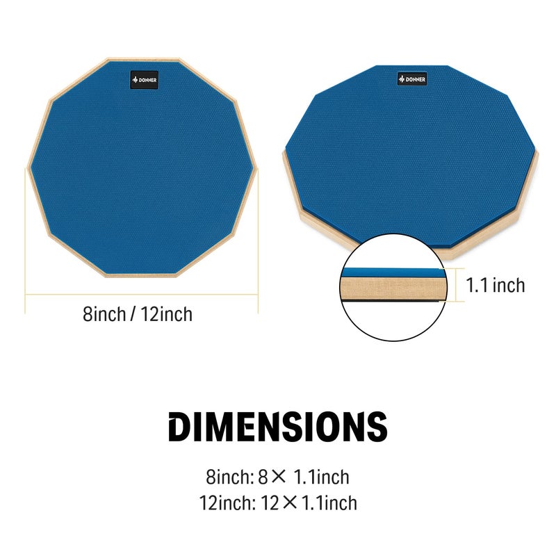 Donner 12 Inches Drum Practice Pad Silent Drum Pad Set Blue 2-Sided With Drum Sticks - Image 5